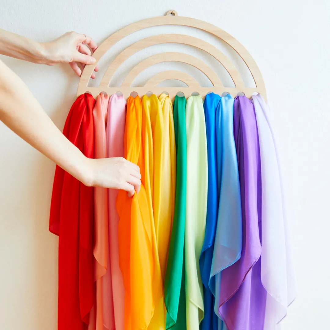 large_rainbow_playsilk_display_3.webp Sarah's Silks Large Rainbow Playsilk Display Clearance